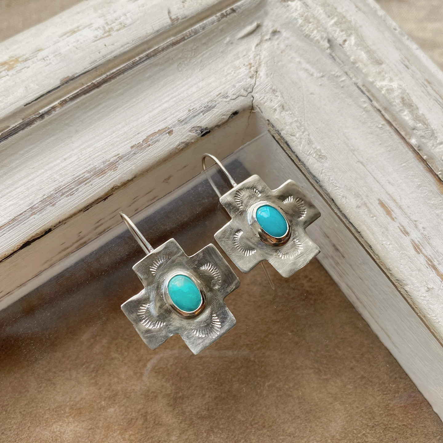 クロス ターコイズ 925 スターリングシルバー ピアス