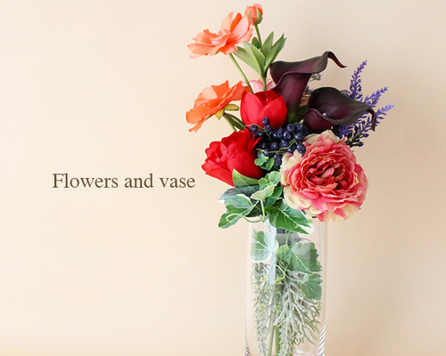 シルビア 花 薔薇 花瓶 バンケット オレンジ背景 額縁 アート 絵になるブーケと花瓶のギフトセット カラー オレンジレッド