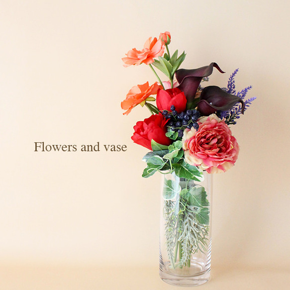 絵になるブーケと花瓶のギフトセット カラー オレンジレッド【アーティ
