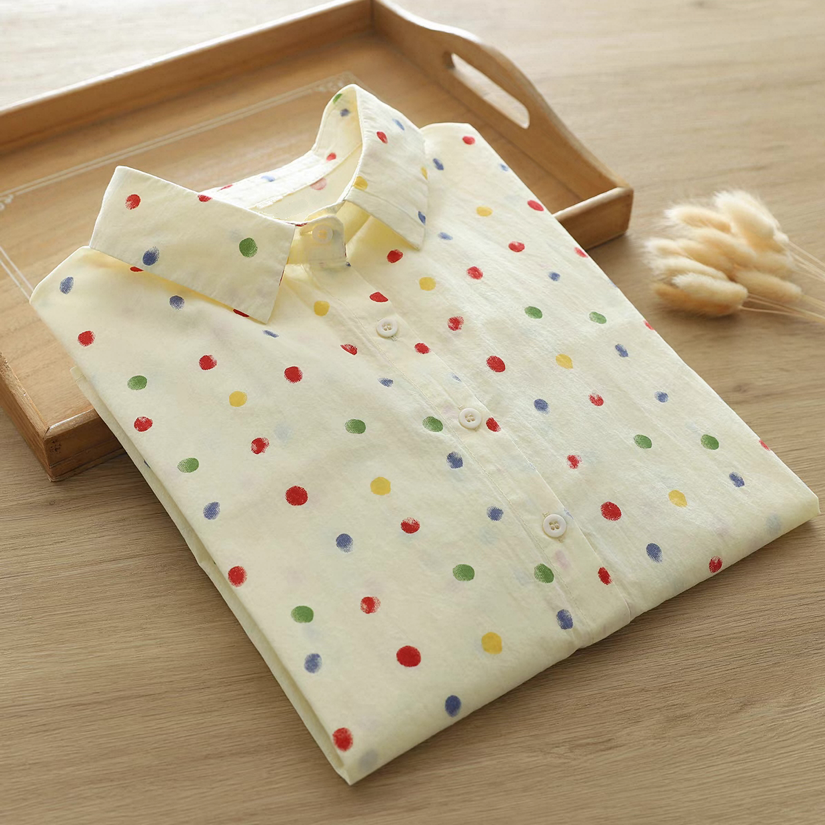 夏・半袖・コットン100%・ブラウス・ドット柄