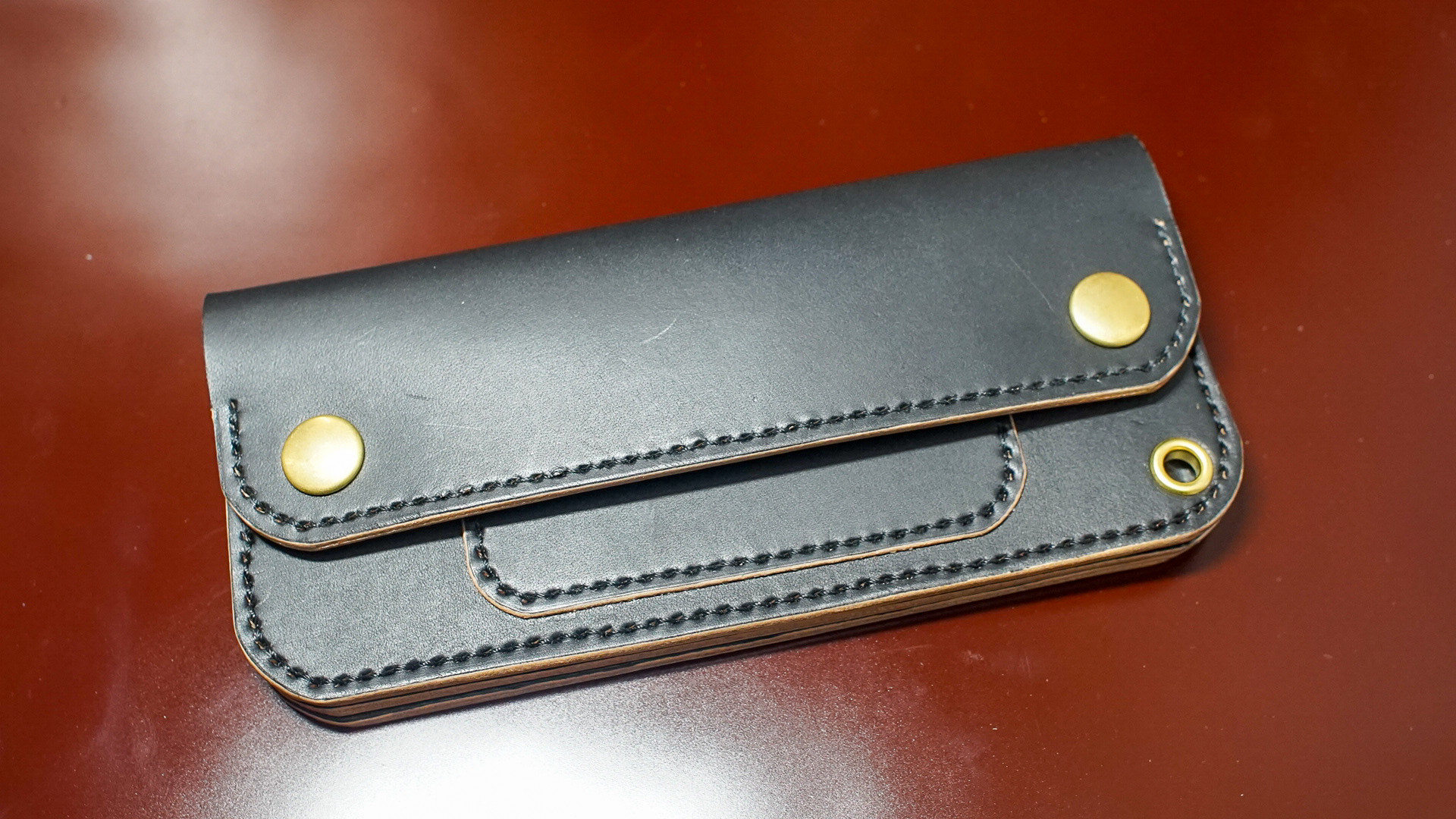 国産皮革 ロングトラッカーウォレット ショート MW茶芯丘染め 3層 手縫い