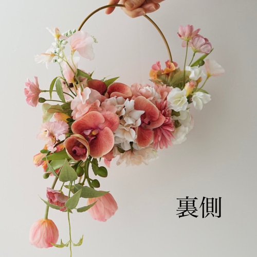 フープブーケ ピンク ブートニア付 造花 フープブーケ 大人可愛い