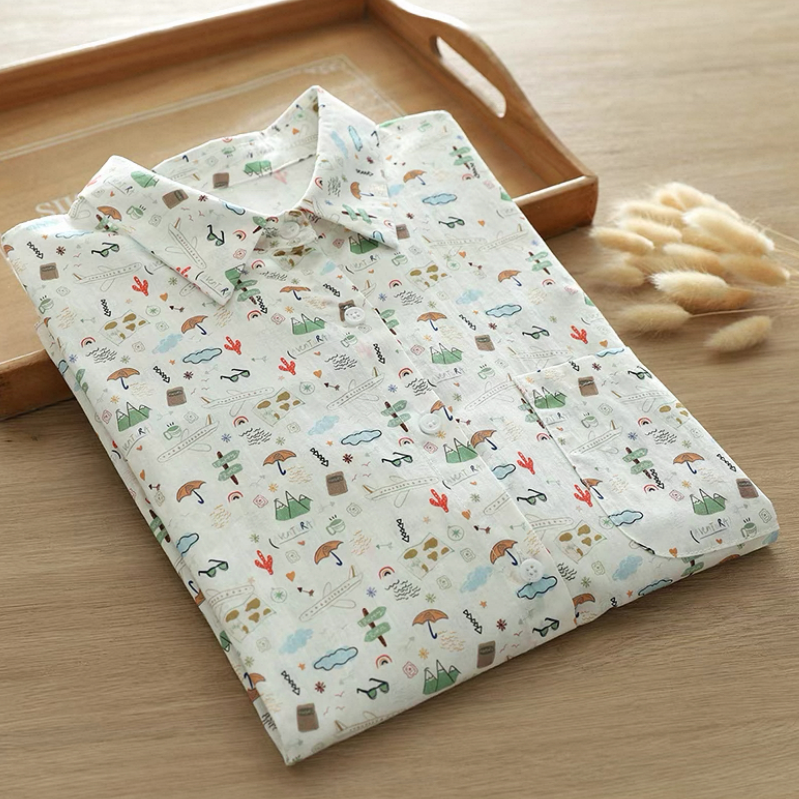 夏・半袖・コットン100%・ブラウス・プリント