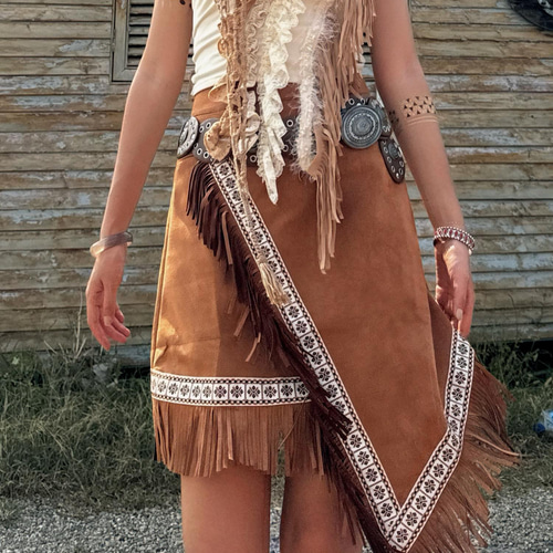 民族風 大人ボヘミアン フリンジ 不規則 スエード 刺繍 スカート