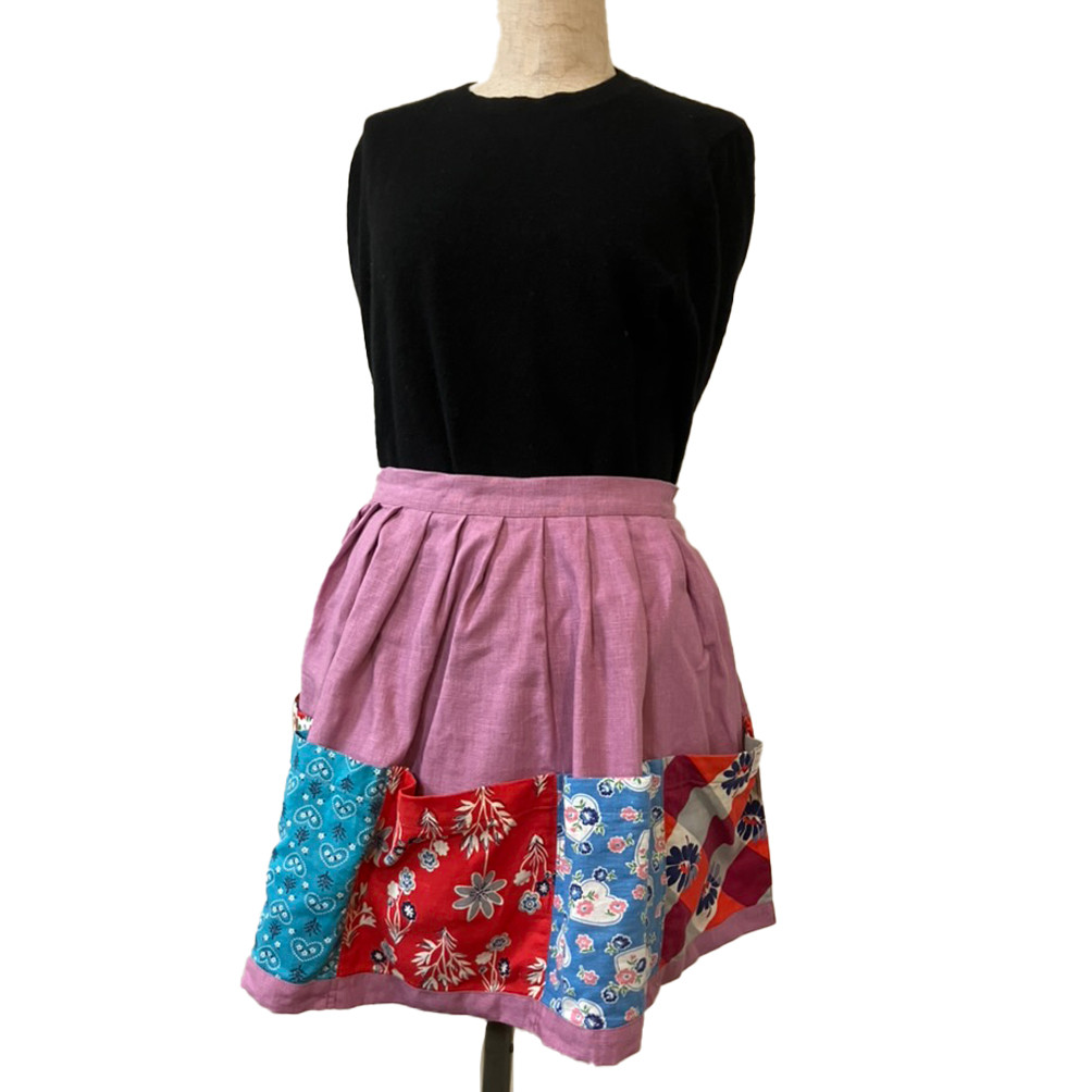 5Pocket bonbon Apron pink linen ポケット５個の便利なエプロン プリーツで可愛らしく。
