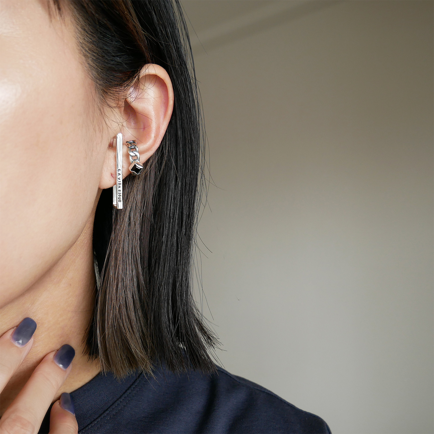 【2WAY】スワッグイヤカフ スクエアストーンチェーン / silver　C148