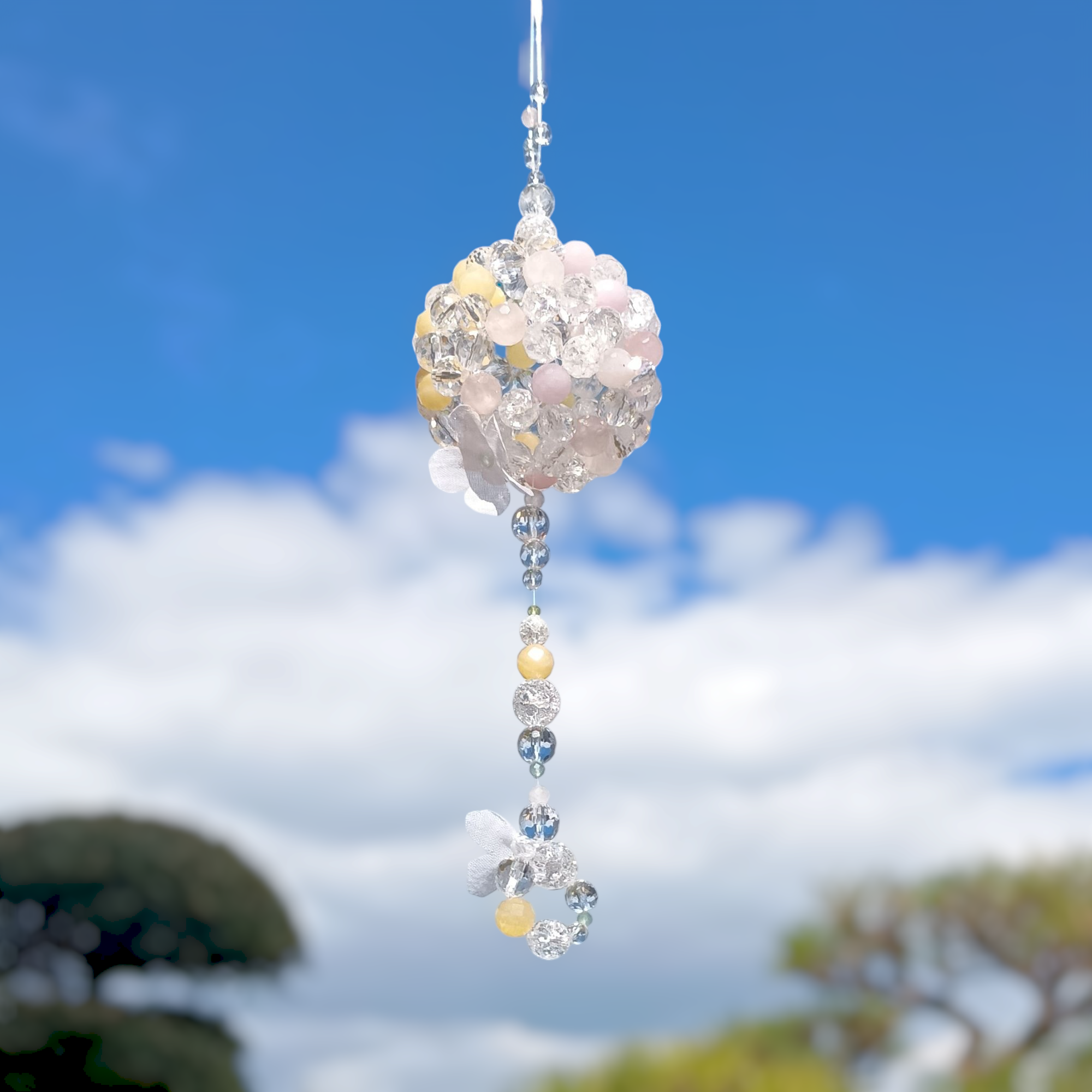 サンキャッチャー　天然石　ローズクォーツ　ジェード　フラーレン　　Fullerene Suncatcher 　ギフト