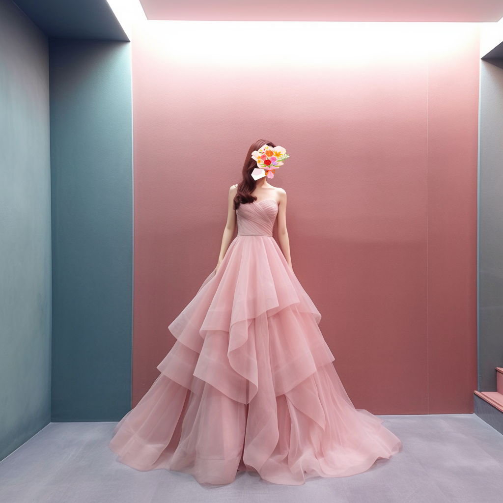 ふわふわピンクカラードレス  ロング丈　ベアトップ　ヒダ　パーティー　結婚式　前撮り　二次会　結婚式 披露宴