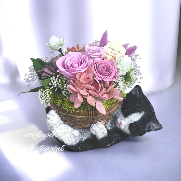 猫ちゃんのオブジェ、プリザつきアレンジメント 【公式通販】