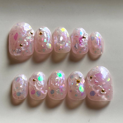 キラキラ ミルキーピンク 3D 立体 透け うねうね ネイルチップ（つけ爪