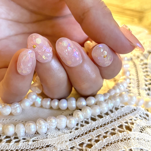 キラキラ ミルキーピンク 3D 立体 透け うねうね ネイルチップ（つけ爪