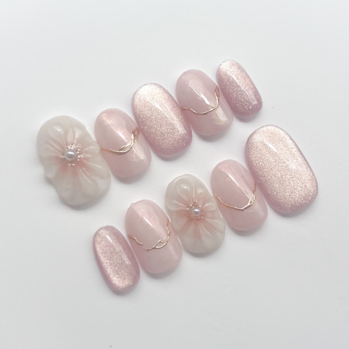 サイズオーダー ネイルチップ 春ネイル ぷっくりフラワー 桜色