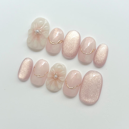 サイズオーダー ネイルチップ 春ネイル ぷっくりフラワー 桜色