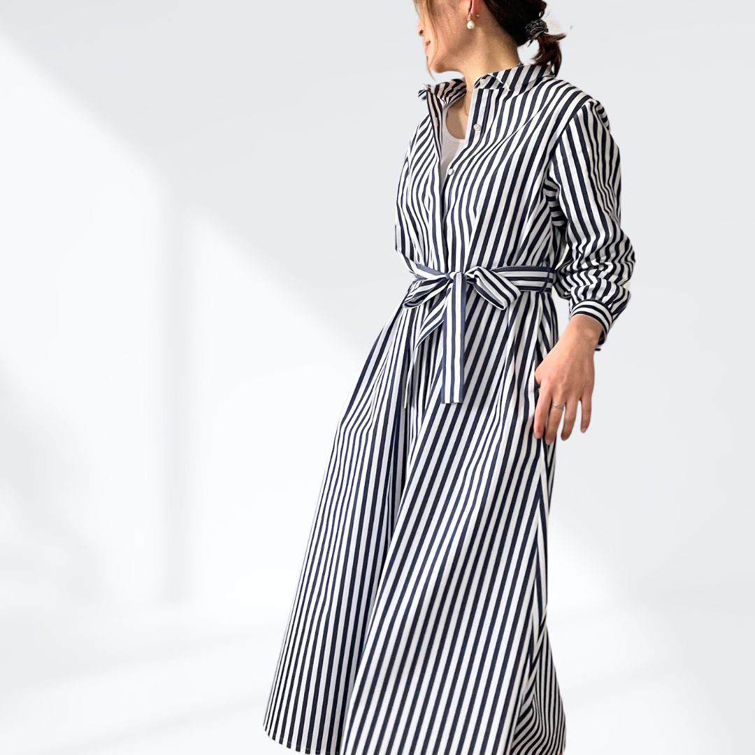 綿シャツワンピース 羽織り ロング丈 着丈調整 紺 白ストライプ 綿コットン S M L LL