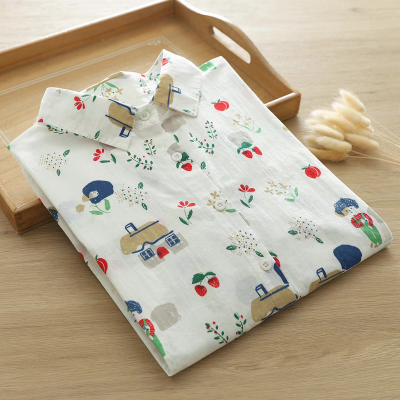 夏・半袖・コットン100%・ブラウス・プリント