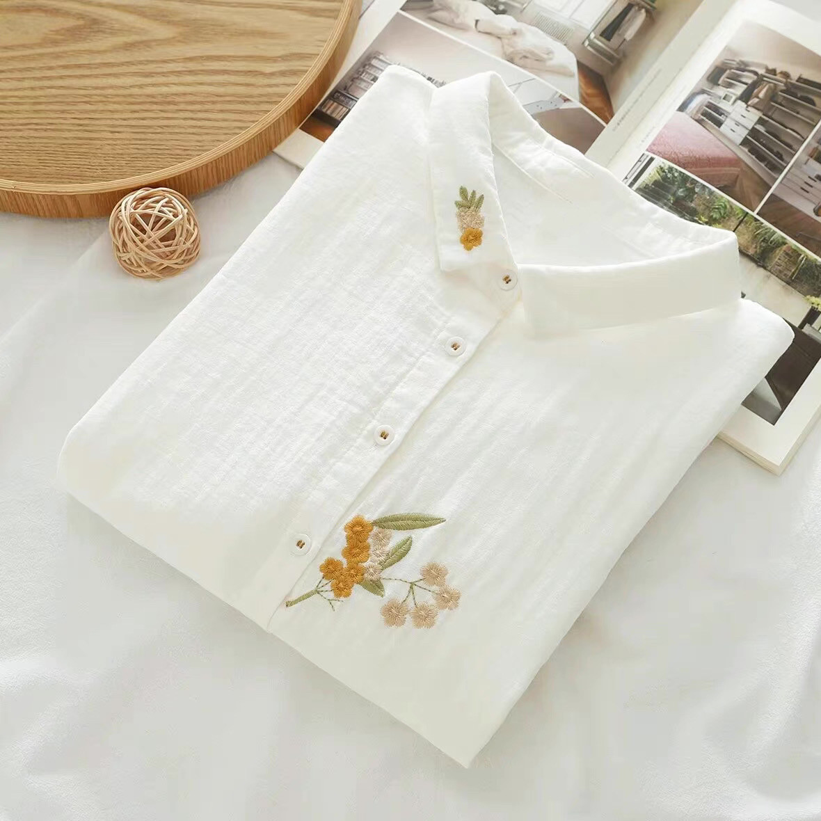 夏・五分袖・ダブルガーゼ・コットン100%・ブラウス・刺繍