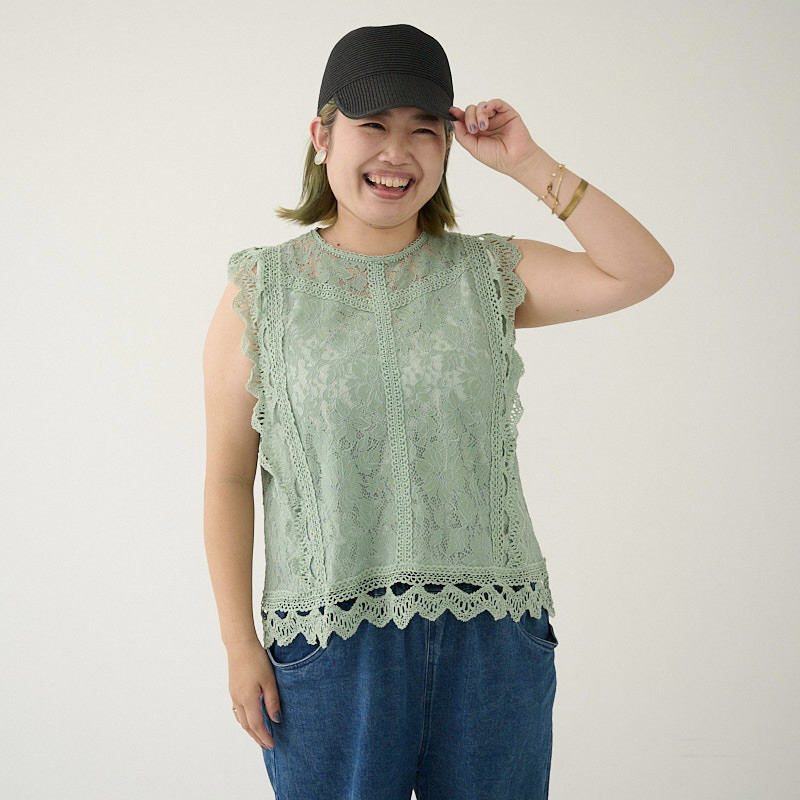 ﾓﾘﾉｶﾞｯｺｳ【大きなサイズ】プラスサイズ フラワーレースブラウス【ペールグリーン】｜ps-lb-gr