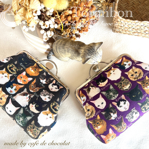 限定品】押し口・木玉つまみ・にゃんこだらけのお財布♪ 密猫の親子