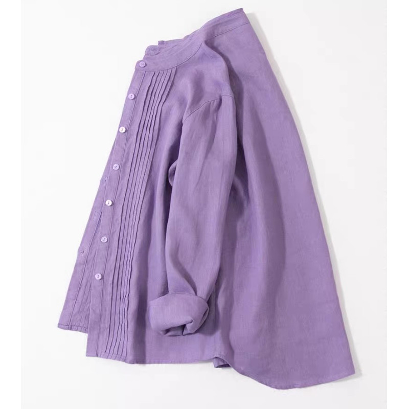 リネン100％ バンドカラー ブラウス 長袖  無地 トップス  清涼感  3色展開