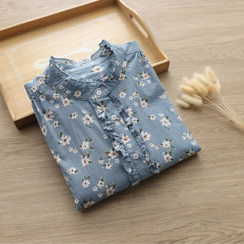 花柄コットン100%   レトロ 長袖 フリルブラウス／シャツ（ブルー）