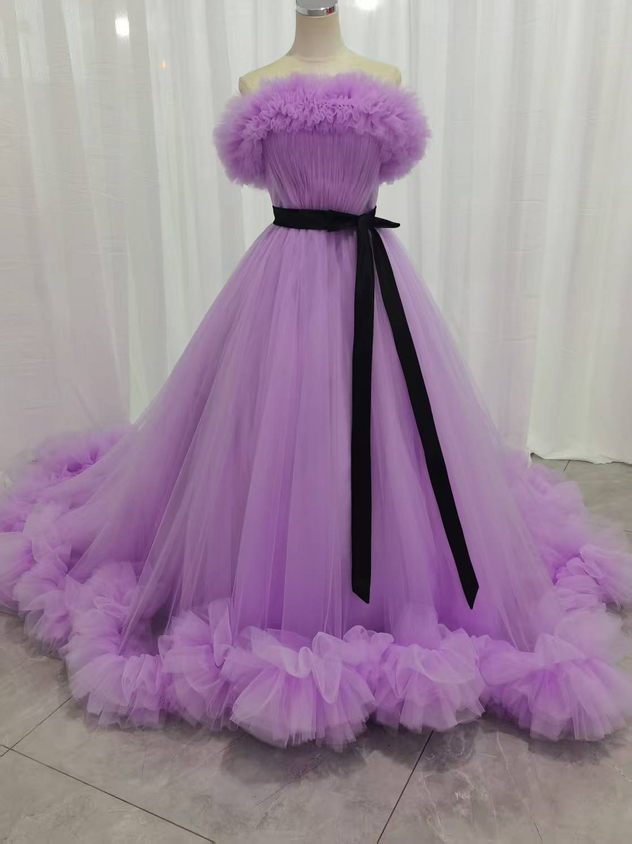 カラードレス パープル 取り外しオフショルダー ラッフルフリル 華やかなトレーン 披露宴