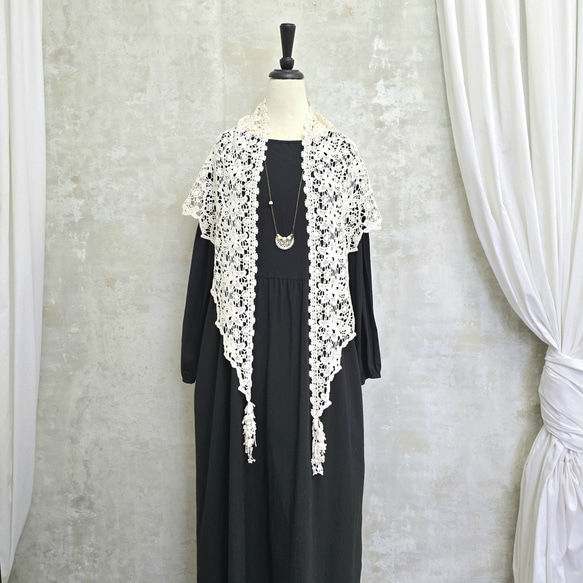 アンティークコットン レース刺繍 女性 三角パーツ マーガブ 16枚 ロング三角ショール♧生成コットンレース ストール 紅緒 通販 19060607