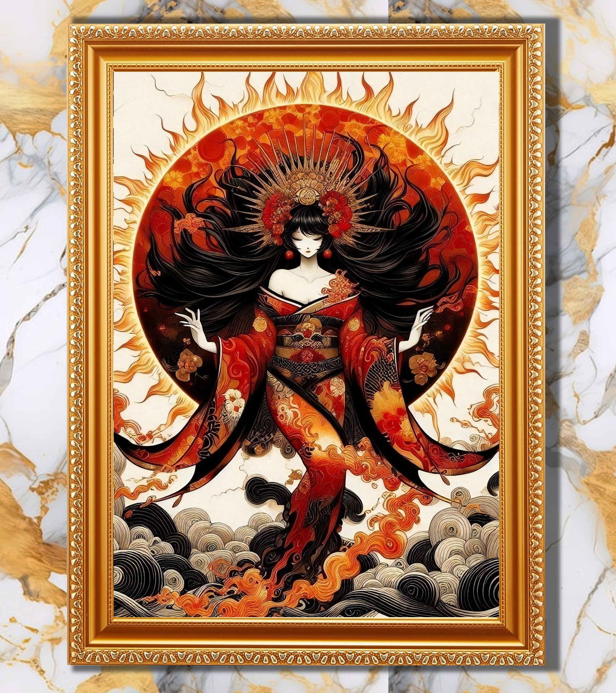 天照大御神の光を受け取るアート 一点物 縁起物 高級木製額装仕上げ 天照大御神の光を受け取るアート 一点物 縁起物 高級木製額装仕上げ