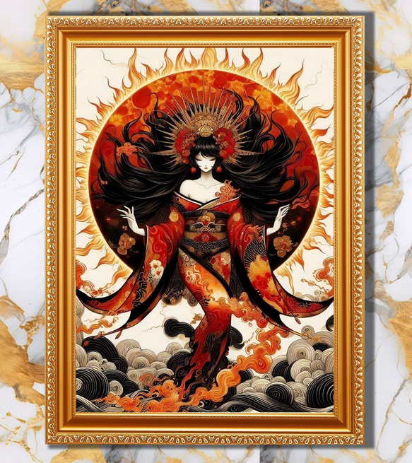 天照大御神の光を受け取るアート 一点物 縁起物 高級木製額装仕上げ 願望成就を招く天照大御神（アマテラス）』額縁付き風水アート 絵画