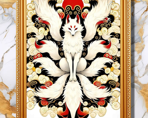 9つのご利益を招く九尾の狐』額縁付き風水アート 絵画 開運宝具