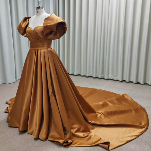 ハートネック　パフスリーブ　Aライン　ロングドレス　サテン ハートネック パフスリーブ Aライン ロングドレス サテン ドレス