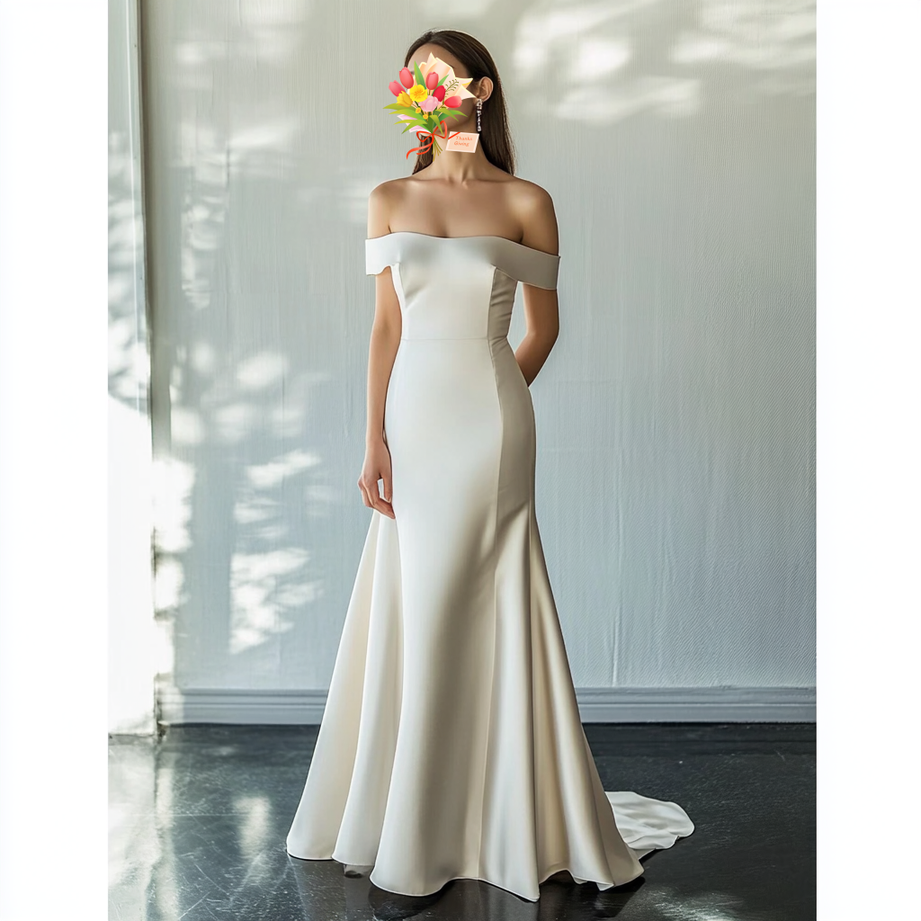 ソフトマーメイドウエディングドレス　オフショルダー　トレーン　パーティー　結婚式　前撮り　二次会　結婚式 披露宴