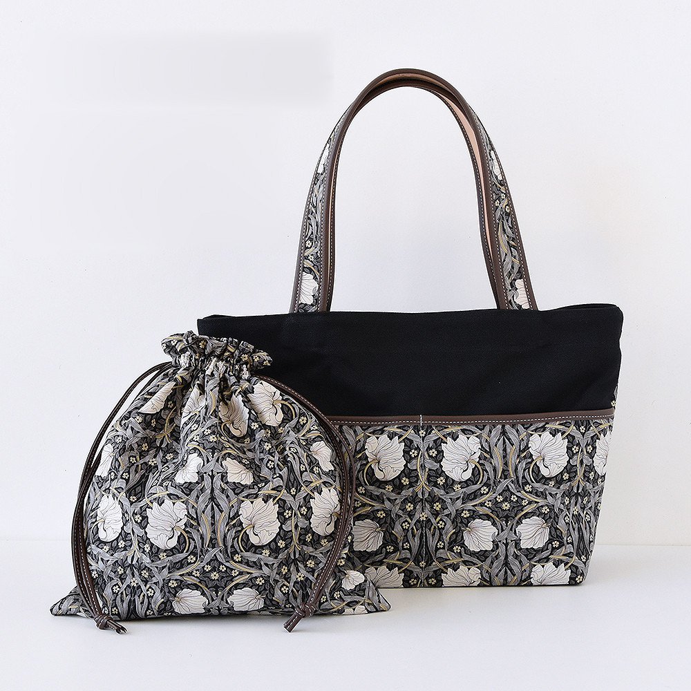 新春福袋 モリス×倉敷帆布 A4トートバッグ＆巾着ペアセット ウイリアムモリス 本革 帆布 ピンパネル ブラック系