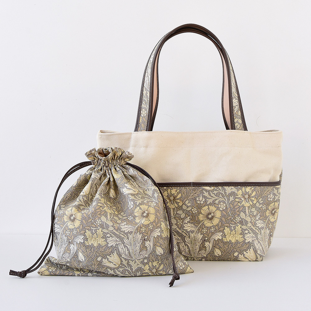 新春福袋 モリス×倉敷帆布 A4トートバッグ＆巾着ペアセット ウイリアムモリス 本革 コンプトン グレー＆ベージュ