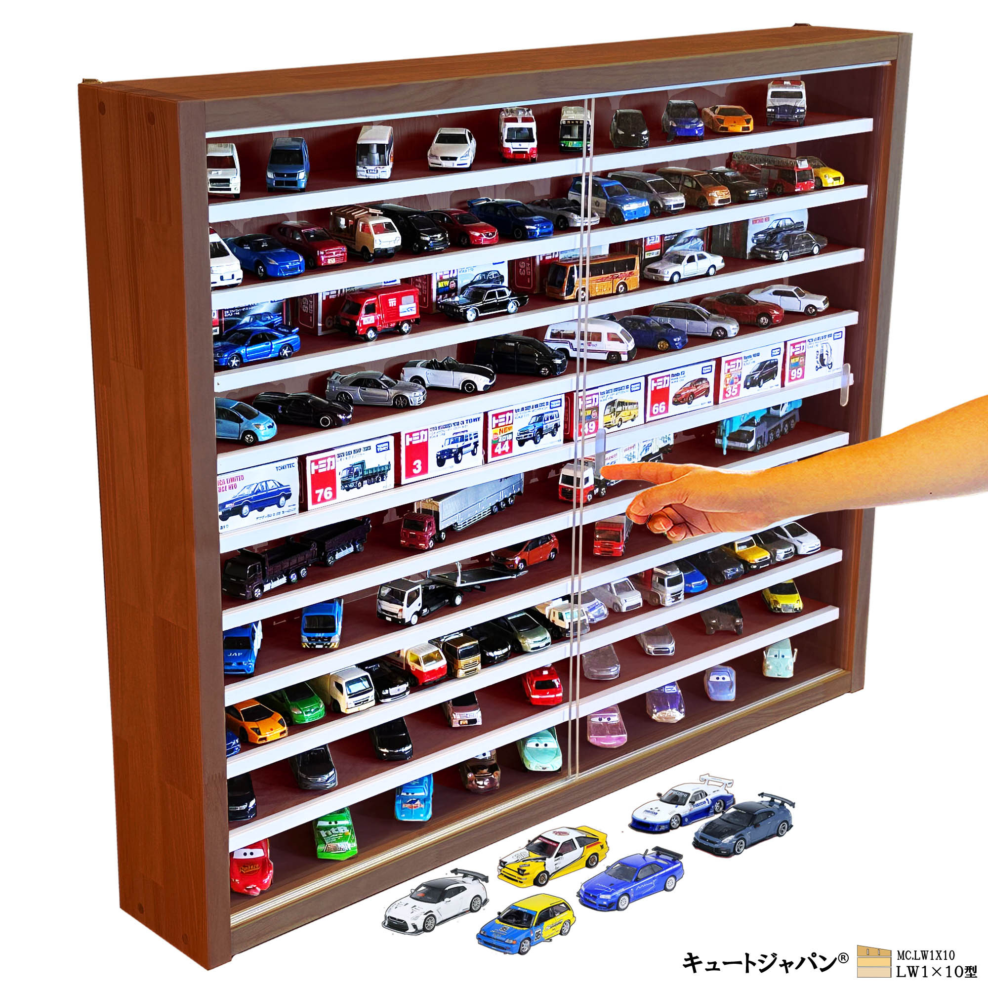 ★値下げ★マホガニ色全塗装 ミニカー ケース コレクション アクリル障子付 トミカ ホットウィール 京商 ＬＷ１×１０型