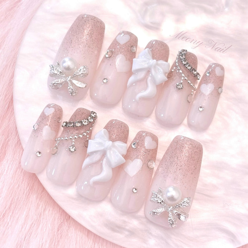 No.54 オーダー ♡リボン ハート ピンク ラメ フレンチ ガーリー