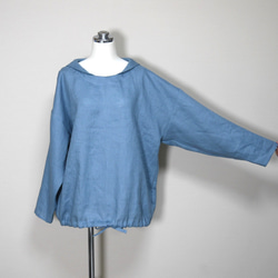 カラーリネン◆マリンシャツブラウス　長袖◆オールドブルー◆M・L・LL（中厚、リネン100％） 4枚目の画像