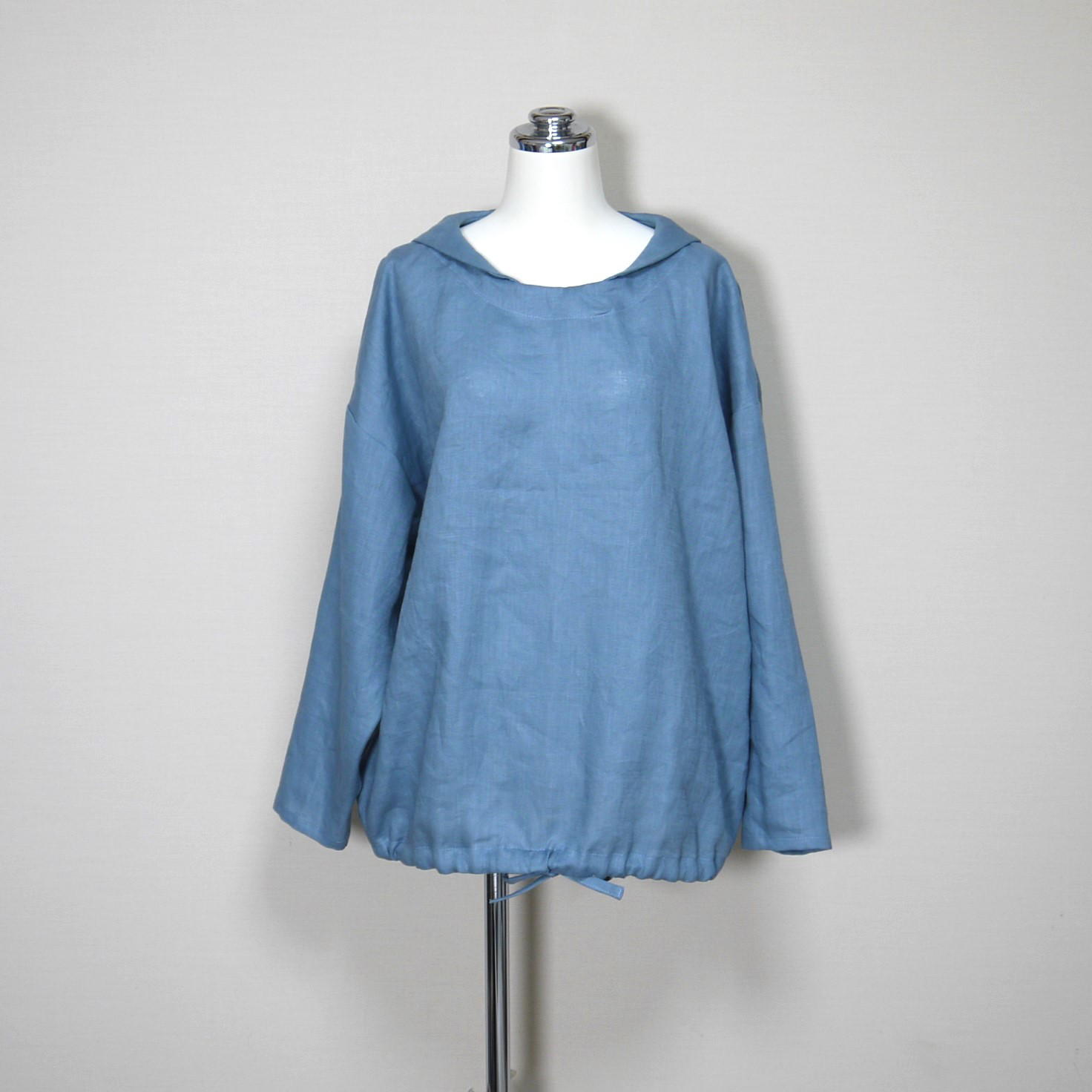 カラーリネン◆マリンシャツブラウス　長袖◆オールドブルー◆M・L・LL（中厚、リネン100％）