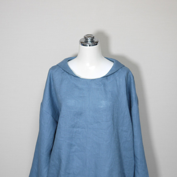 カラーリネン◆マリンシャツブラウス　長袖◆オールドブルー◆M・L・LL（中厚、リネン100％） 2枚目の画像