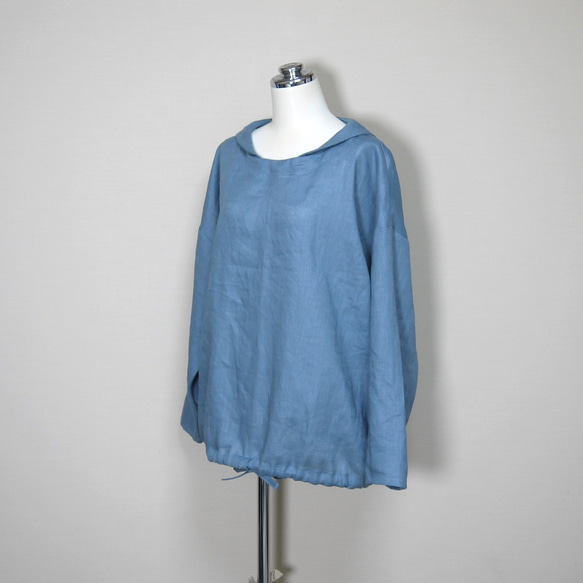 カラーリネン◆マリンシャツブラウス　長袖◆オールドブルー◆M・L・LL（中厚、リネン100％） 5枚目の画像