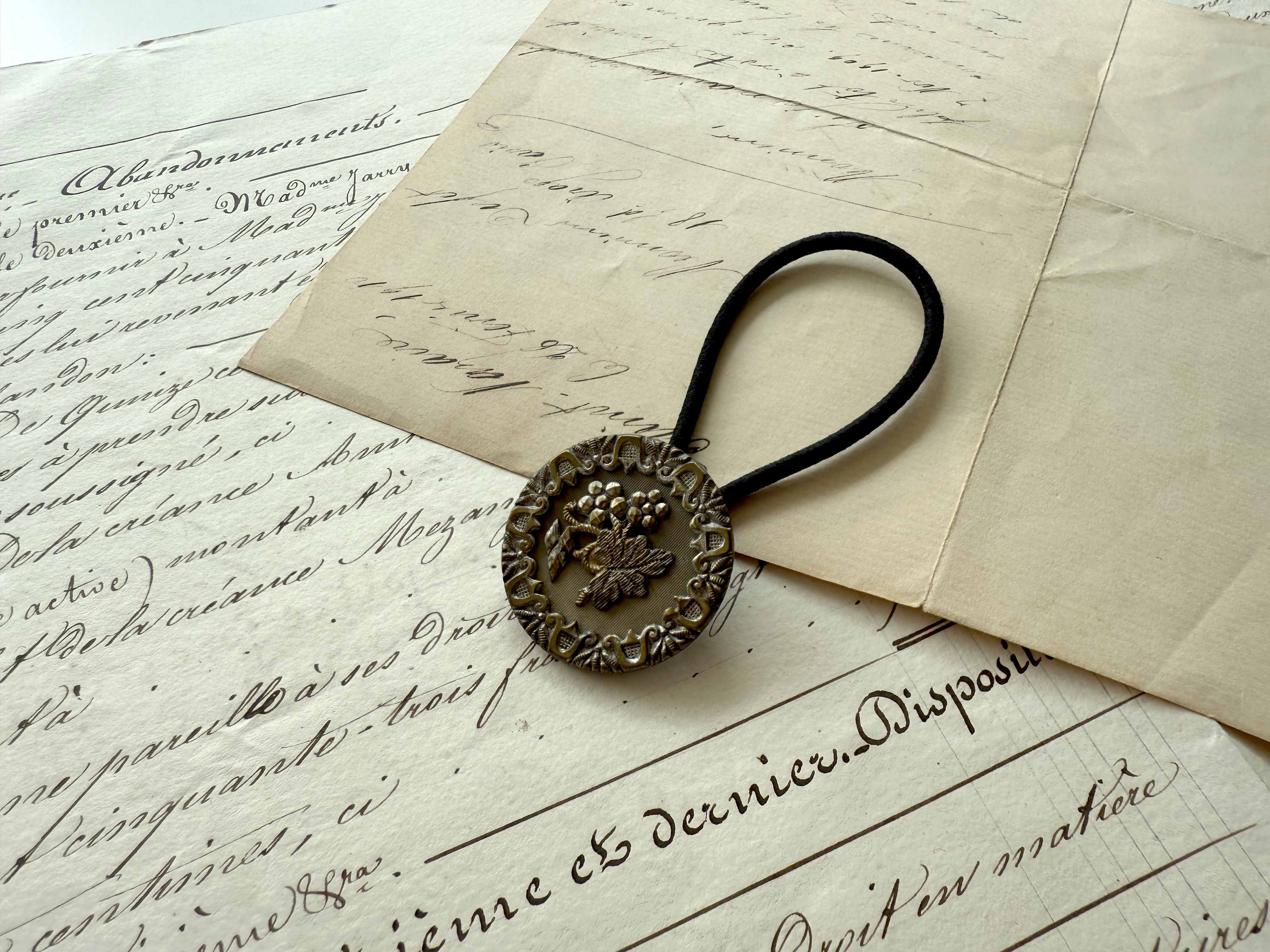 アンティークボタンヘアゴム／カットスチールアールヌーヴォボタン（AB-060）