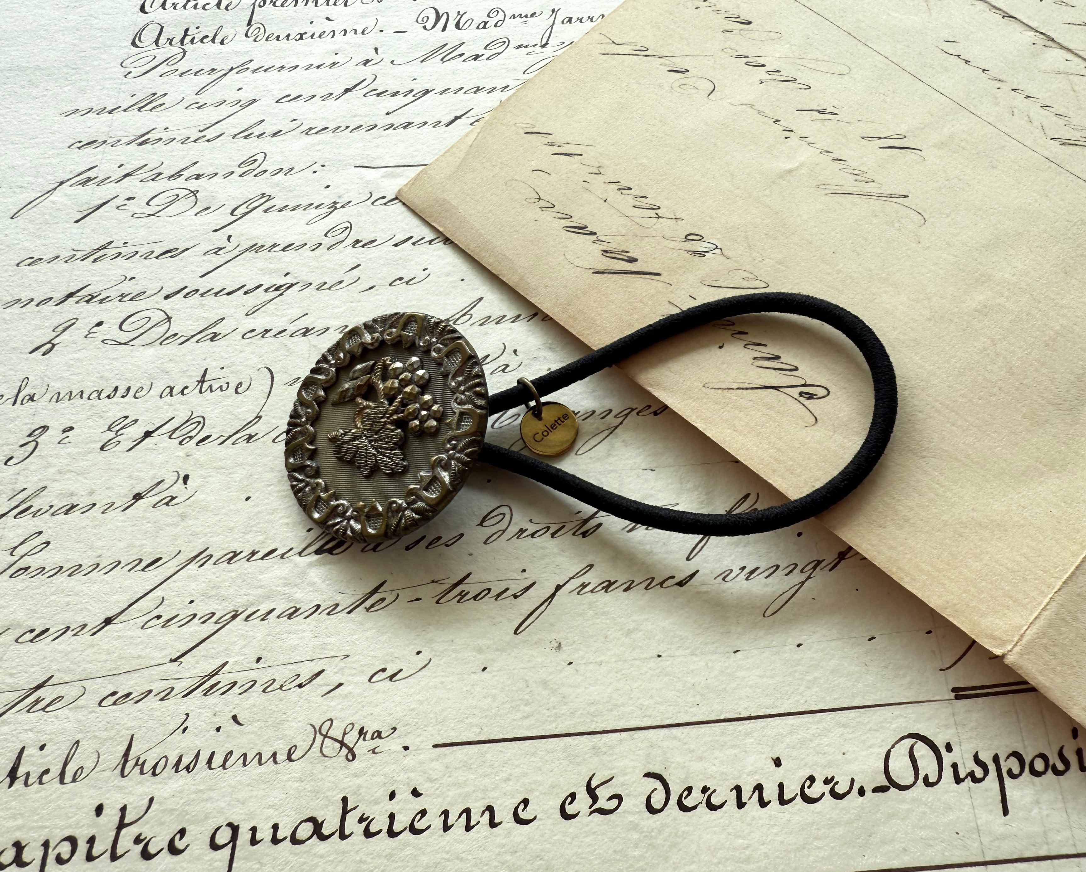 アンティークボタンヘアゴム／カットスチールアールヌーヴォボタン（AB-060）