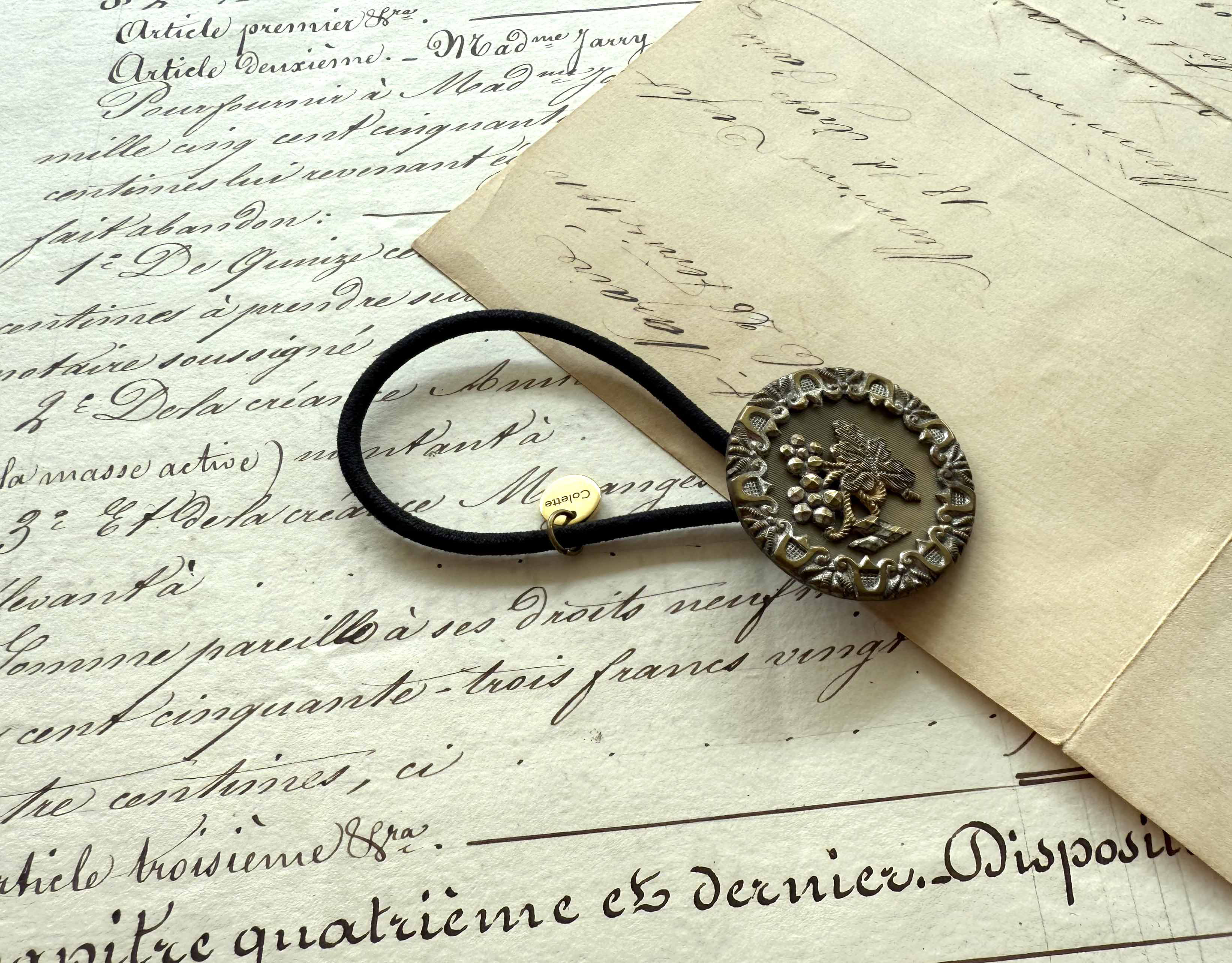 アンティークボタンヘアゴム／カットスチールアールヌーヴォボタン（AB-060）