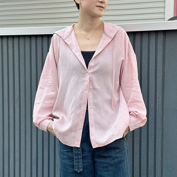 新作再販❤︎春限定春夏秋〜程よいシアー感綿混フーディーブラウス（桜ピンク）25009PKF