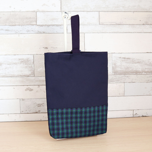 ファミリア風 緑チェック マチあり シューズケース 上履き入れ