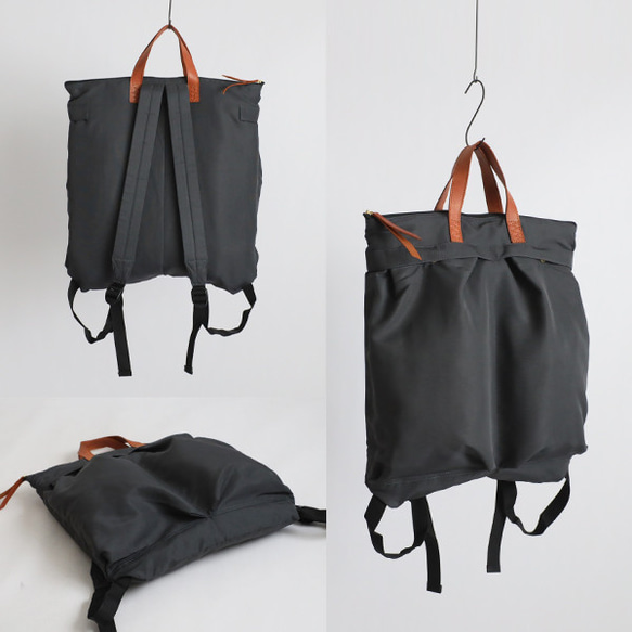 ⁑（送料無料）ラスト１　Mサイズ　軽量　収納上手な多ポケット リュックサック　クッション入ナイロン革レザー　グレーP75 11枚目の画像