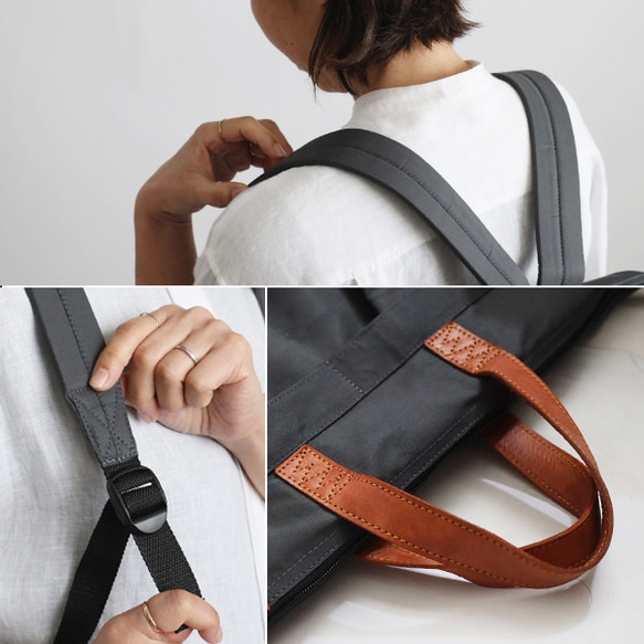 ⁑（送料無料）ラスト１　Mサイズ　軽量　収納上手な多ポケット リュックサック　クッション入ナイロン革レザー　グレーP75 6枚目の画像