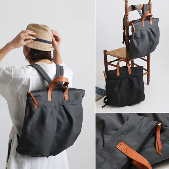 ⁑（送料無料）ラスト１　Mサイズ　軽量　収納上手な多ポケット リュックサック　クッション入ナイロン革レザー　グレーP75 1枚目の画像