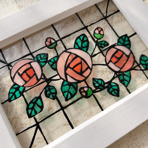 送料無料*ステンドグラス風フレーム*バラ・ピンク系・ローズ