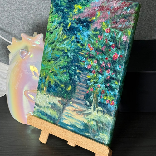 「ブルーミング」　手描き　油絵　風景画　原画　油彩画　印象派 花園の奥」 手描き 油絵 油彩画 風景画 原画 キャンバス 印象派