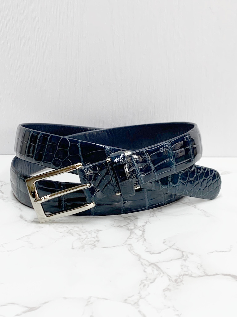 日本製　クロコダイル　ネイビー　LLサイズ　３０㎜巾　上質　ベルト　ボンベ加工　エキゾチックレザー